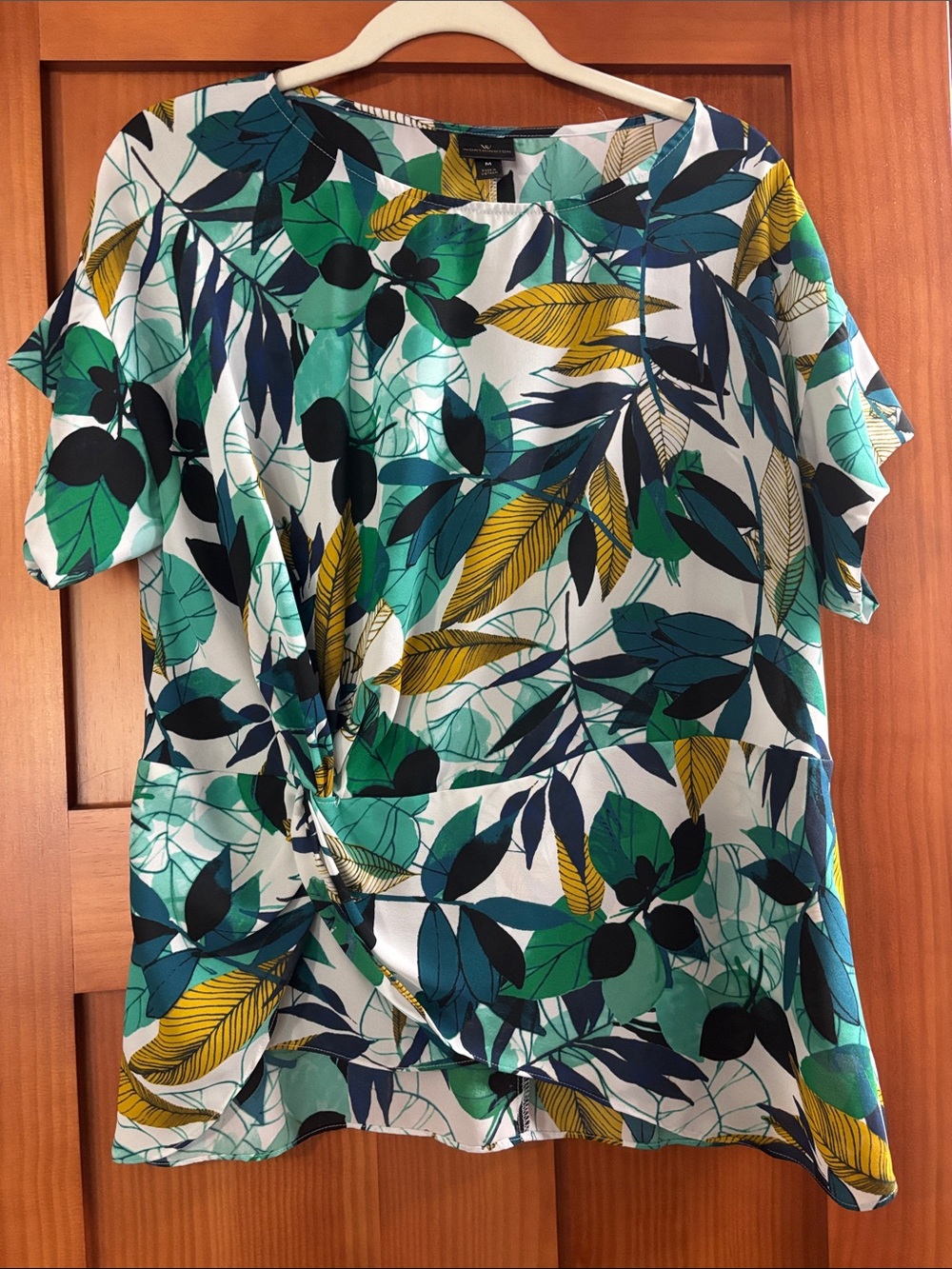 Worthington Tropical Leaf Knot-Front Blouse in Green, Blue & Yellow